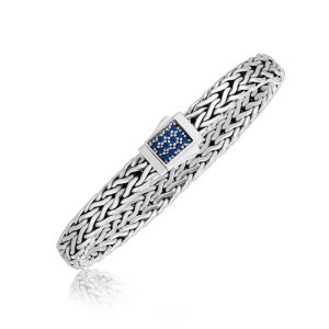 Sterling Silver Braided Men's Bracelet with a Blue Sapphire Designed Clasp