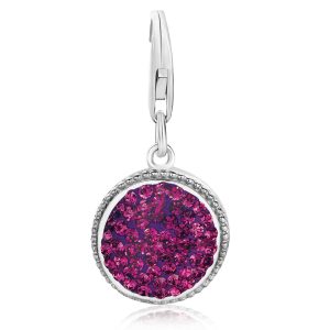 Sterling Silver Round Charm with Purple Tone Crystal Accents