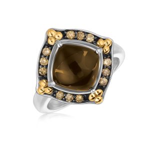 18K Yellow Gold and Sterling Silver Smokey Quartz and Coffee Diamonds Ring