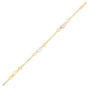 14K Tri-Color Gold Anklet with Multi Color Heart Stations