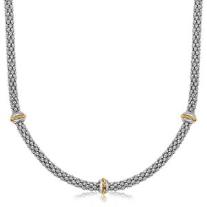 18K Yellow Gold and Sterling Silver Popcorn Necklace with Cable Motif Stations