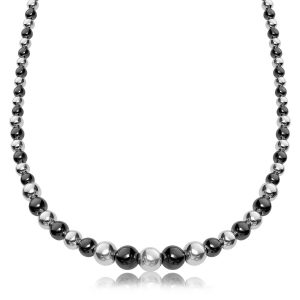 Sterling Silver Rhodium and Ruthenium Plated Graduated Polished Bead Necklace