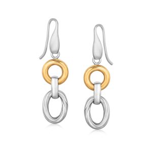 18K Yellow Gold and Sterling Silver Round and Oval Motif Rhodium Plated Earrings