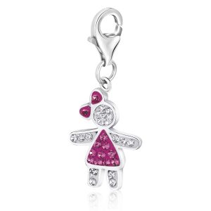 Sterling Silver October Birthstone Charm with Magenta and White Tone Crystal