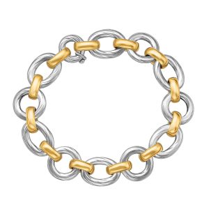 18K Yellow Gold and Sterling Silver Diamond Cut Rhodium Plated Bracelet