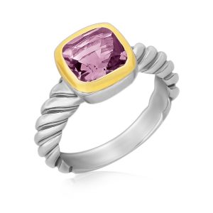 18K Yellow gold and Sterling Silver Cable Shank Ring with a Cushion Amethyst