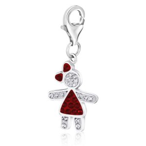 Sterling Silver July Birthstone Girl Charm with Red and White Crystal Accents