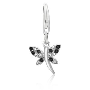 Sterling Silver Dragonfly Black and White Tone Crystal Accented Charm
