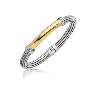 18K Yellow Gold and Sterling Silver Bangle with a Diamond Embellished Station