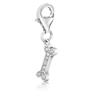 Sterling Silver Dog Bone Charm with White Tone Crystal Accents