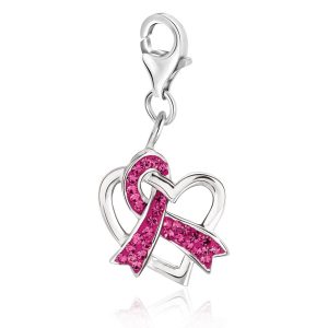 Sterling Silver Heart with Pink Tone Crystal Embellished Ribbon Charm
