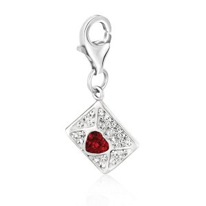 Sterling Silver Envelope Charm with White and Red Crystal Embellishments