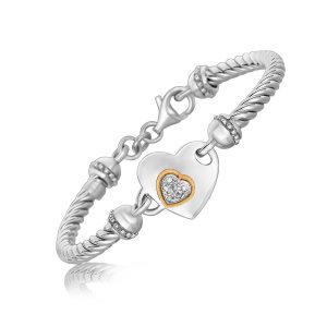 18K Yellow Gold and Sterling Silver Heart Design Bracelet with Diamonds