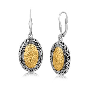 18K Yellow Gold and Sterling Vintage Style Oval Hammered Earrings