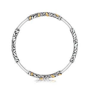 18K Yellow Gold and Sterling Silver Slip On Bangle with Leaf Like Detailing