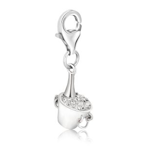 Sterling Silver Champagne in a Bucket Charm with White Tone Crystals