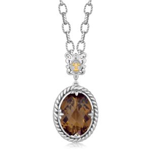 18K Yellow Gold and Sterling Silver Necklace with Oval Smokey Quartz Pendant