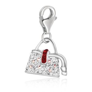 Sterling Silver Handbag Charm with White and Red Tone Crystal Accents