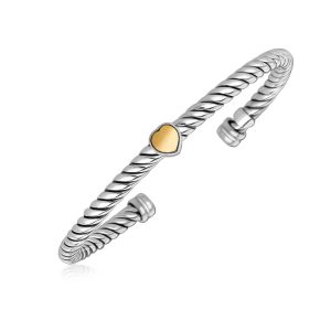 18K Yellow Gold and Sterling Silver Bangle with a Heart Motif Station
