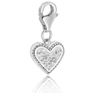 Sterling Silver Heart Charm with White Tone Crystals and Micro Setting Detailing