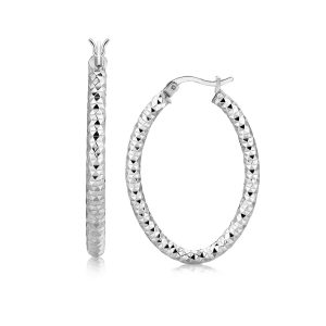 Sterling Silver Diamond Cut Textured Oval Hoop Earrings with Rhodium Plating