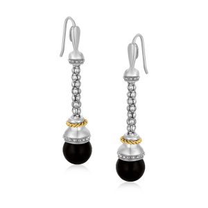 18K Yellow Gold and Sterling Silver Dangling Earrings with Black Onyx