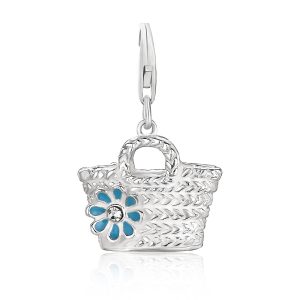 Sterling Silver Basket with Flower Crystal Accented Charm