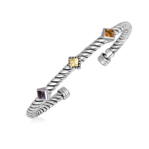 18K Yellow Gold and Sterling Silver Citrine and Amethyst Bangle