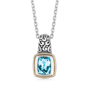 18K Yellow Gold and Sterling Silver Necklace with Milgrained Blue Topaz Pendant