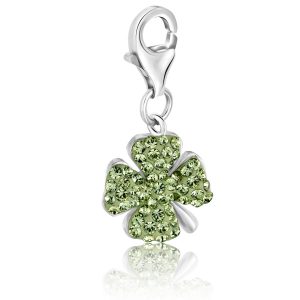 Sterling Silver Four Leaf Clover Green Tone Crystal Accented Charm