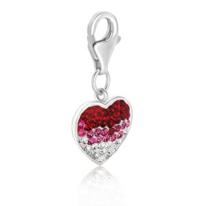 Sterling Silver Heart Style Charm with Red  Pink  and White Tone Crystal Accents