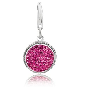 Sterling Silver Round Charm with Pink Tone Crystal Accents