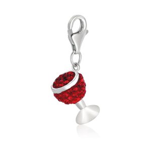 Sterling Silver Wine Glass Charm with Red Tone Crystal Accents