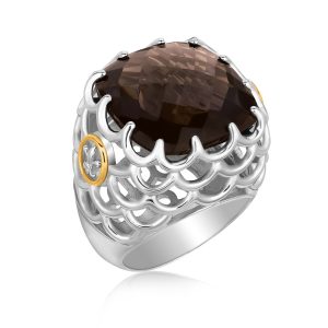 18K Yellow Gold and Sterling Silver Smokey Quartz Fleur De Lis Accented Ring