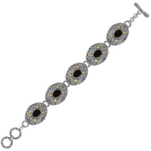 18K Yellow Gold and Sterling Silver Bracelet with Scrollwork and Oval Black Onyx