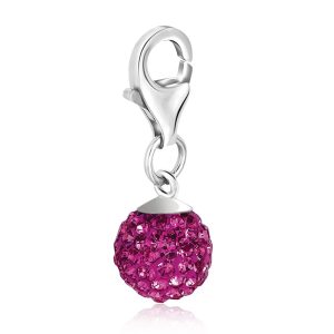 Sterling Silver October Round Charm with Magenta Tone Crystal Embellishments