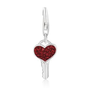 Sterling Silver Key Red Tone Crystal Accented Charm