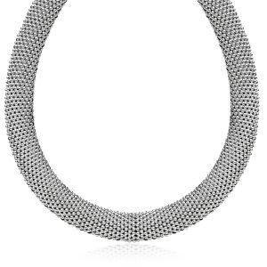 Sterling Silver Flat Style Mesh Necklace with Rhodium Plating