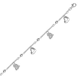 Sterling Silver Rhodium Plated Bracelet with Heart Charms and Bead Stations