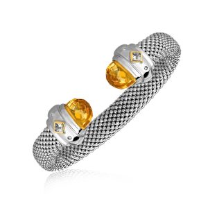 18K Yellow Gold and Sterling Silver Open Bangle with Citrine and Diamonds