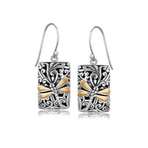 18K Yellow Gold and Sterling Silver Dragonfly Designed Rectangular Drop Earrings