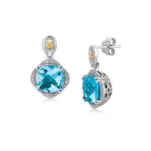 18K Yellow Gold and Sterling Silver Blue Topaz and Diamond Earrings