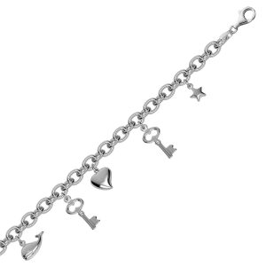 Sterling Silver Fancy Rhodium Plated Chain Bracelet with Multi Style Charms
