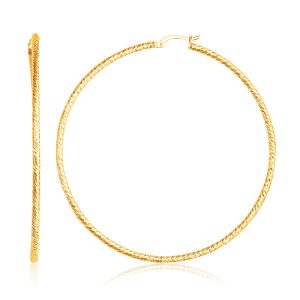 14K Yellow Gold Patterned Slender Extra Large Hoop Earrings