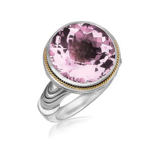 18K Yellow Gold and Sterling Silver Round Pink Amethyst Ring