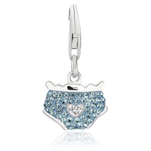 Sterling Silver Diaper Charm with Heart Design and Blue and White Tone Crystals