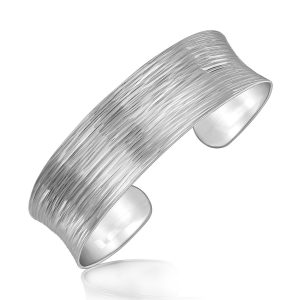 Sterling Silver Rhodium Plated Concave Cuff with Diamond Cuts