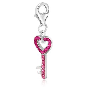 Sterling Silver Heart Style Key Charm with Pink Tone Crystal Embellishments