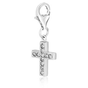 Sterling Silver White Tone Crystal Embellished Cross Charm
