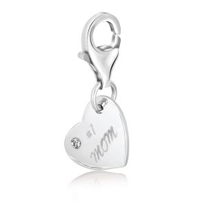 Sterling Silver #1 Mom Heart Charm with White Tone Crystal Accent